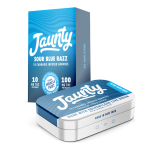 Jaunty Sour Blue Razz Solventless Live Rosin Gummies – 100mg THC 10-pack tin